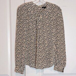 Tara Jarmon Tan Black Geo Print Silk Long Sleeve Blouse 42/M